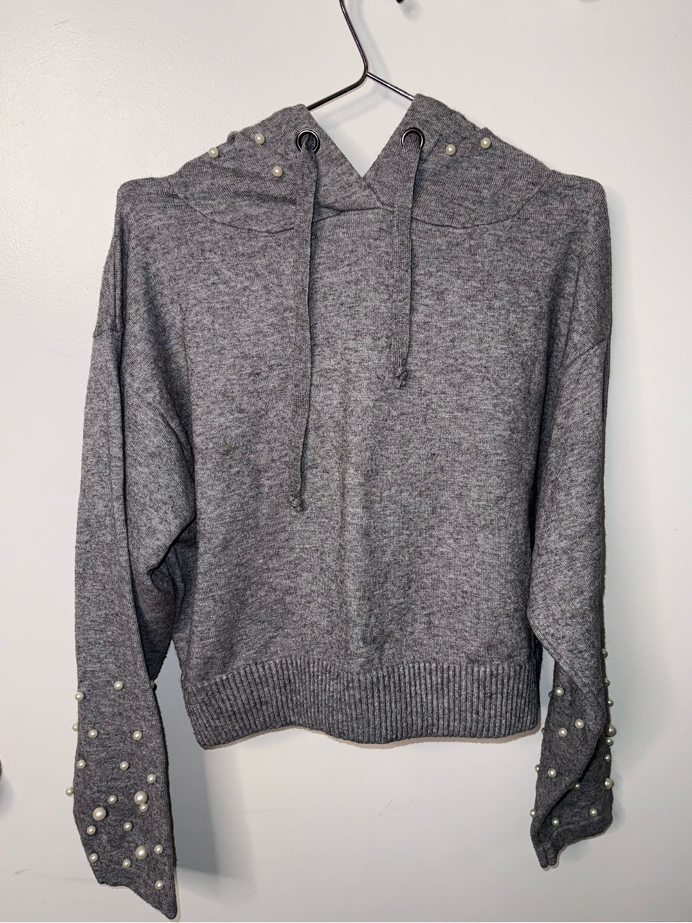 ZARA KNIT‎ Gray Hoodie with Pearl Embellishments